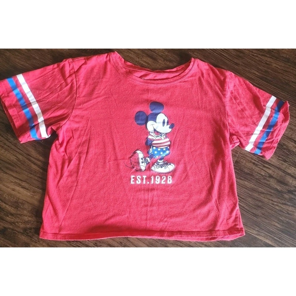 Disney Womens Crop Top Mickey Mouse  Logo Short Sleeve Red Medium Cropped